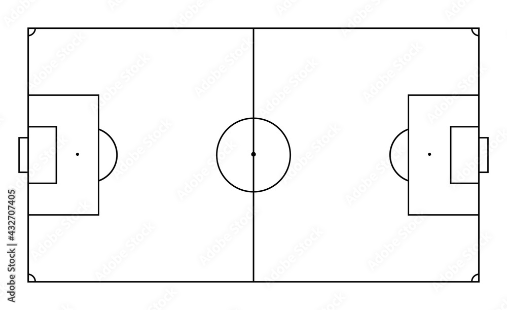 Soccer field in line style. Football pitch. Black outline court and stadium  on white background. Icon for football match, league and scheme. Graphic  icon for sport area, game and training. Vector Stock