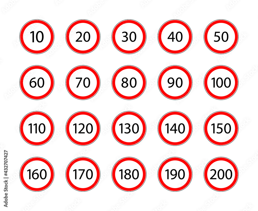 Limit speed sign for car. Set of road sign with restriction of speed of 50, 60, 90, 20, 80, 120, 130, 70, 30, 100, 40, 10, 110, 140, 160, 200 km. Icon for traffic on city or highway. Vector Limit speed sign for car. Set of road sign with restriction of speed of 50, 60, 90, 20, 80, 120, 130, 70, 30, 100, 40, 10, 110, 140, 160, 200 km. Icon for traffic on city or highway. Vector