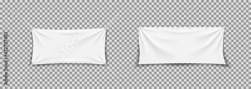Fabric banner. White textile banner. Hanging, stretch cloth flag. Fabric canvas with rope. Blank horizontal mockup of poster. Realistic rectangle texture for advertising. Hang flag with fold. Vector