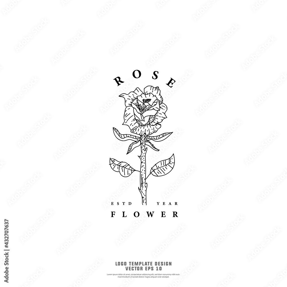 Hand drawn rose flower logo design template on white background