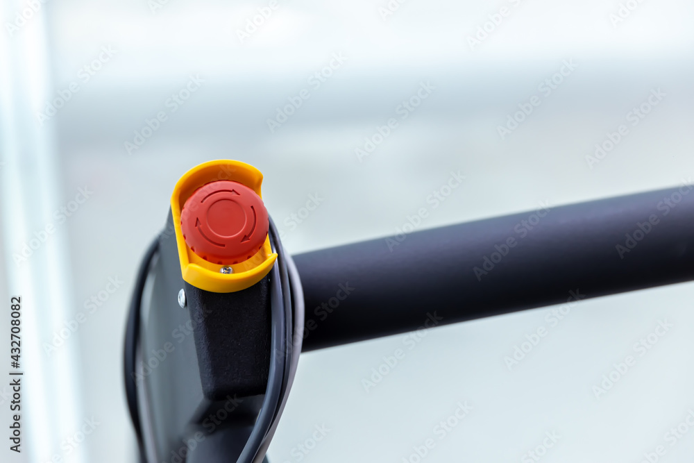 Fotka „The red emergency button or stop button for Hand press. STOP ...