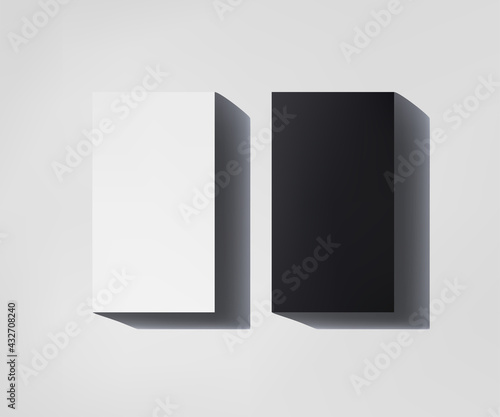 Business card 3d realistic mockup. Vertical 90x50 mm business card mock up with shadow on white background. Vector illustration.