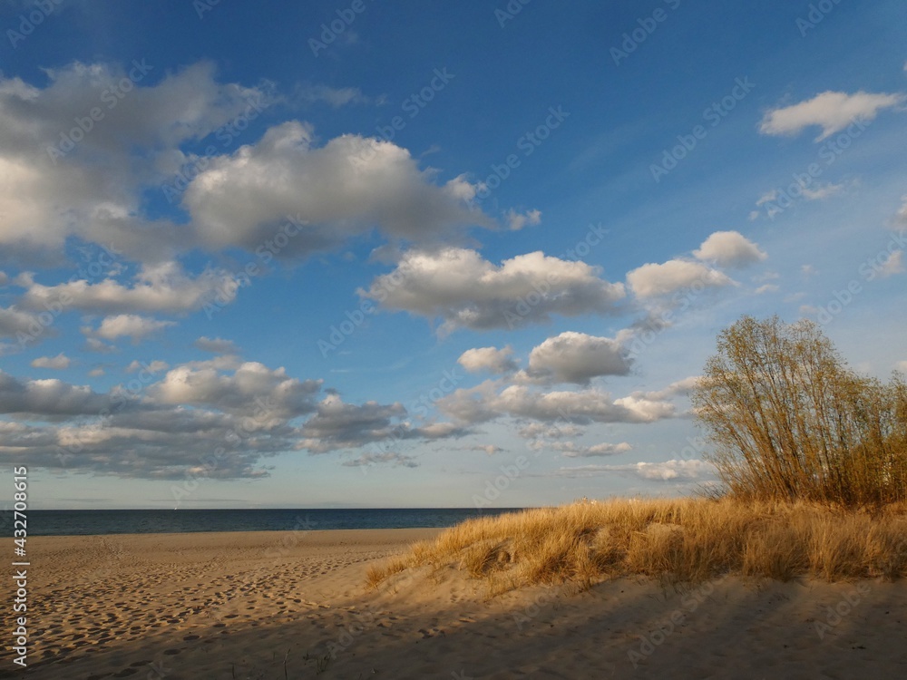 Fototapeta premium Scenic view of the beach in warm afternoon sun, Westerplatte, Gdansk, Poland
