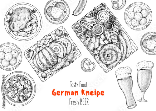 German food menu sketches. Design template. Hand drawn vector illustration. German kneipe menu. Black and white. Engraved style. Hand drawn food sketch illustration. Retro vintage bierstube menu.