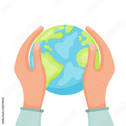 Vector cartoon style illustration of World Environment Day greeting card template or poster design. Planet Earth lies in the hand.