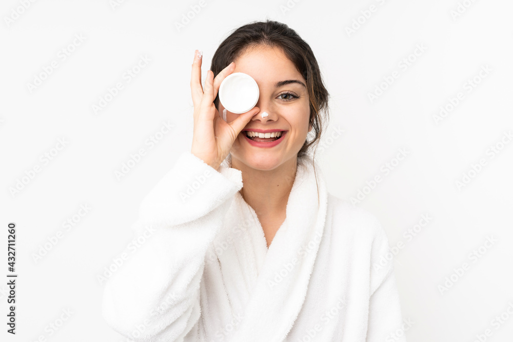 Young caucasian woman isolated on white background with moisturizer and happiness Young caucasian woman isolated on white background with moisturizer and happiness