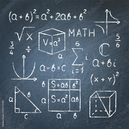 Math symbols and equations drawn on chalkboard