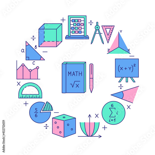 Round banner with math symbols and instruments