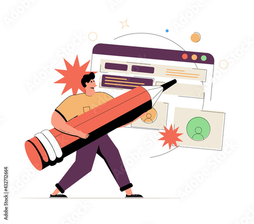 Man is working on ui ux design project. Designer drawing scetch in vector programm with pencil. Charcter illustration