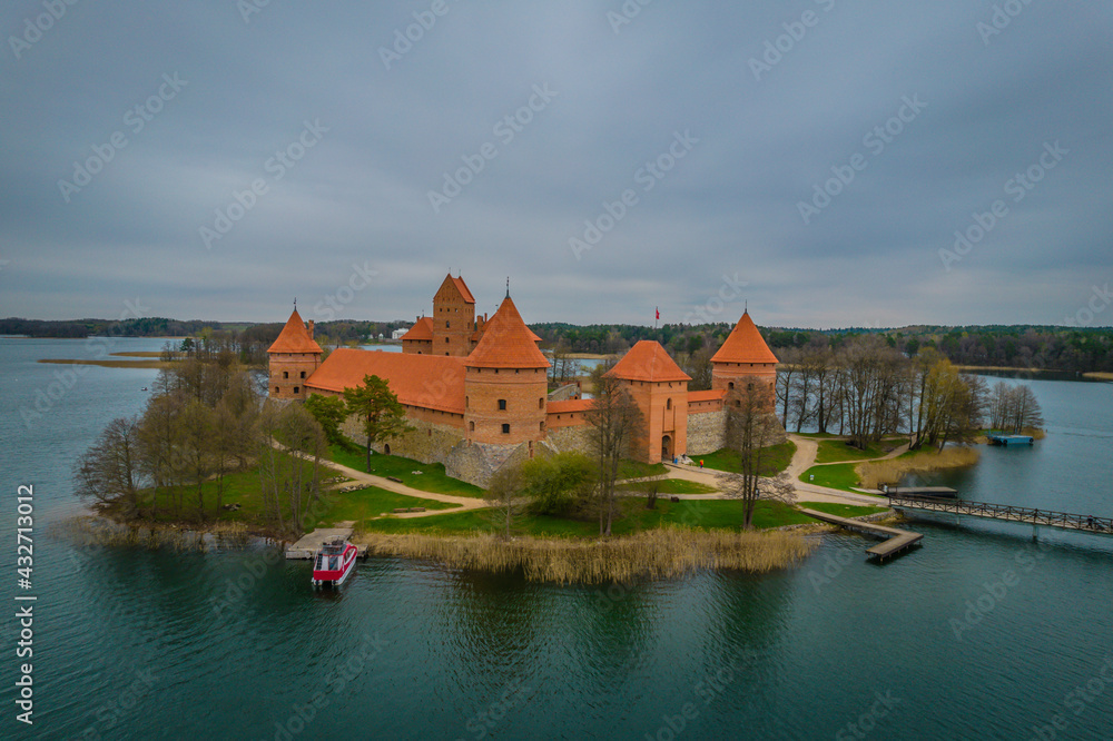Aerial view of Trakai Island Castle - an island castle located in Trakai, Lithuania, on an island in Lake Galve. The construction begun in the 14th century and around 1409 major works were completed