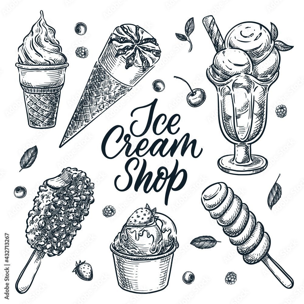 Ice cream shop design elements set isolated on white background. Vector