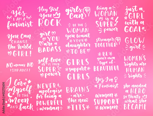 Set of women's rights quotes and phrases. Vector lettering about feminism, woman rights, motivational slogan. Women support and empower, care of yourself, self-care poster.