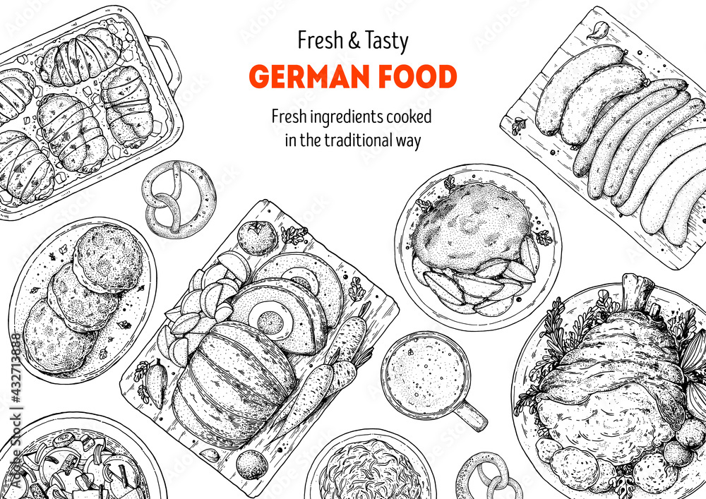 Obraz premium German food menu sketches. Design template. Hand drawn vector illustration. German cuisine. Black and white. Engraved style. Hand drawn food sketch illustration.