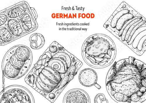 German food menu sketches. Design template. Hand drawn vector illustration. German cuisine. Black and white. Engraved style. Hand drawn food sketch illustration.