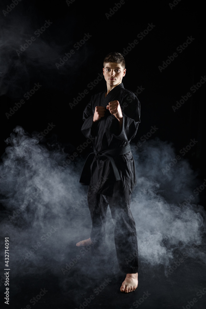 Male karate fighter in black kimono, combat stance Male karate fighter in black kimono, combat stance