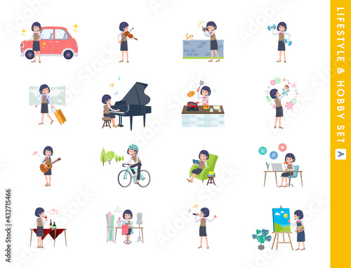 趣味とライフスタイルに関するインカムをつけたビジネス女性のセット。Aタイプ