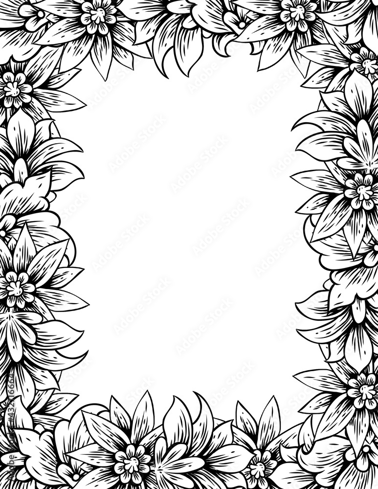 Black and white sketch of flowers adult coloring page