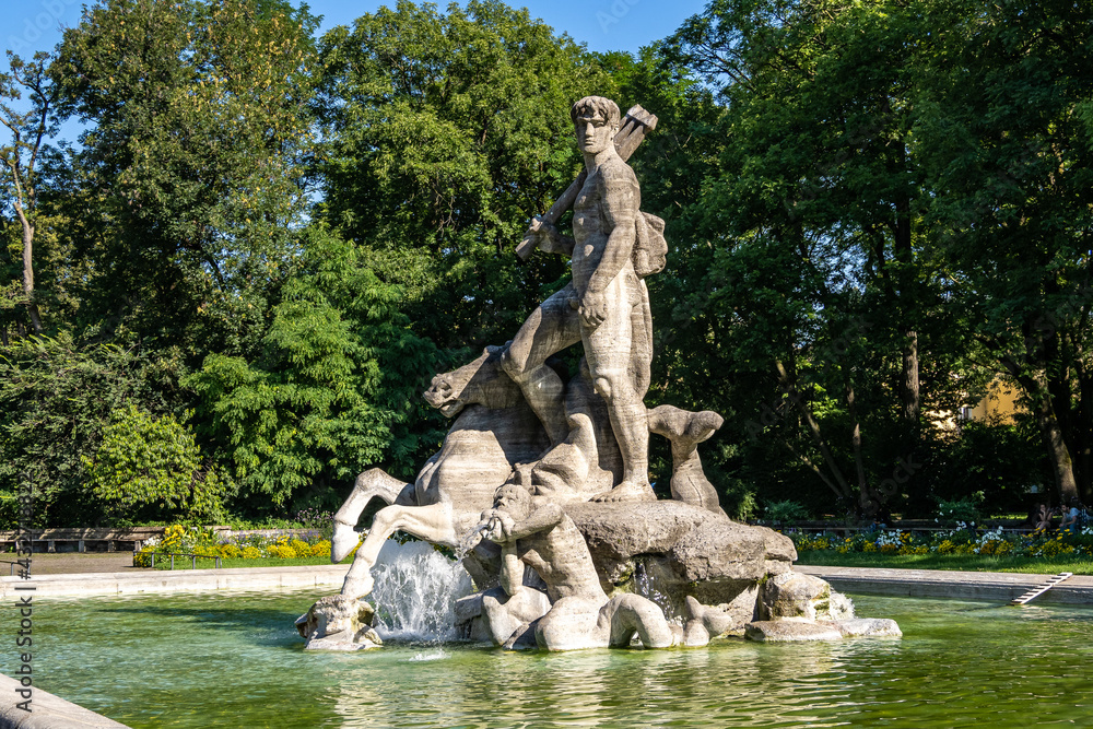 The Neptune Fountain in the old Botanical Garden of Munich, Germany
