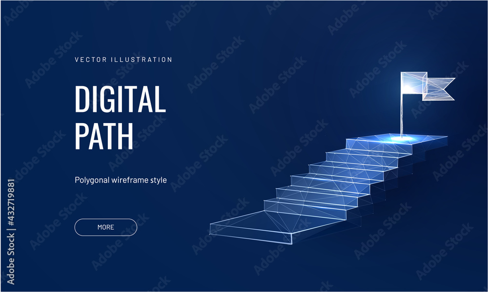 Path to success on a blue background. Staircase up in a futuristic polygonal style. Digital path abstract vector illustration - obrazy, fototapety, plakaty 
