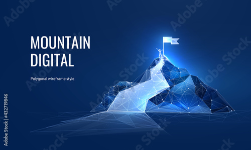 The path to success in the digital futuristic style. Business goals achievement concept. Vector illustration of a mountain with a flag in a polygonal wireframe style photo