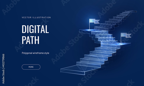 Path to success on a blue background. Staircase up in a futuristic polygonal style. Digital path abstract vector illustration photo