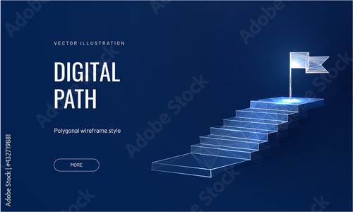Path to success on a blue background. Staircase up in a futuristic polygonal style. Digital path abstract vector illustration