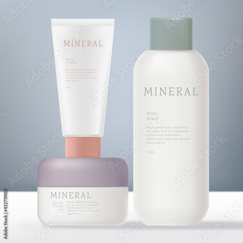 Vector Opaque White Beauty or Healthcare Bottle, Jar or Tube Set with Pastel Color Cap or Lid.