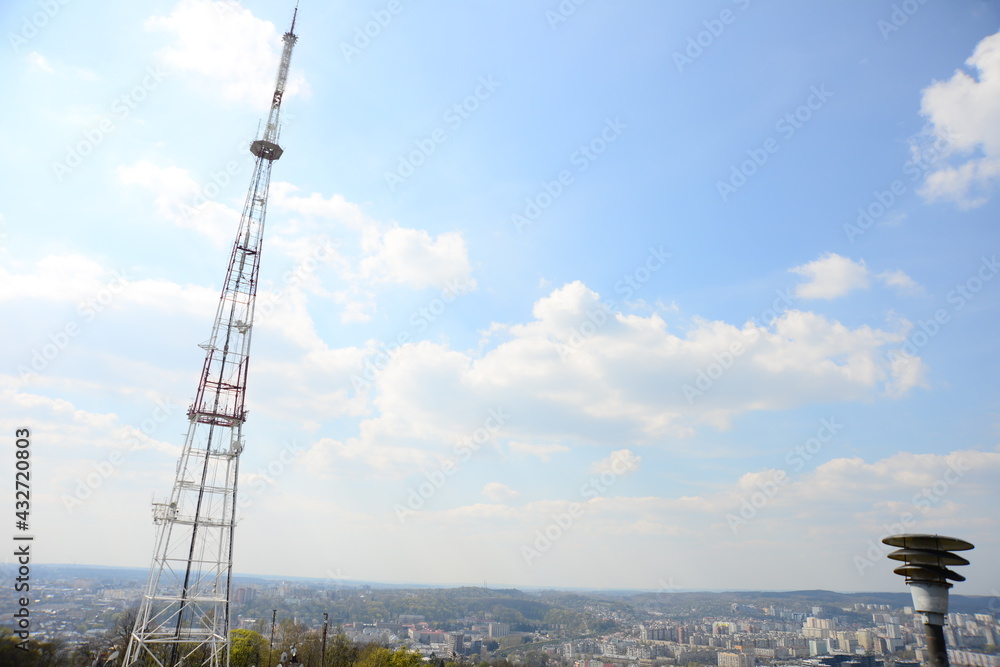 LVIV, UKRAINE - APRIL 17, 2019: Television tower on High castle in Lviv, Ukraine 