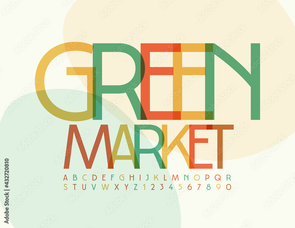 Fototapeta premium Vector Colorful Emblem Green Market. Trendy Bright Font. Creative Alphabet Letters and Numbers