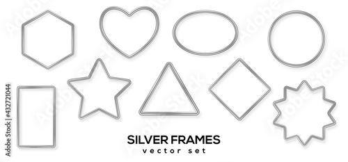 Set of silver 3d shiny glowing geometric frames with shadows isolated on white background. Vector illustration. Aluminum luxury realistic borders, labels, modern badges, metal wire speech bubbles