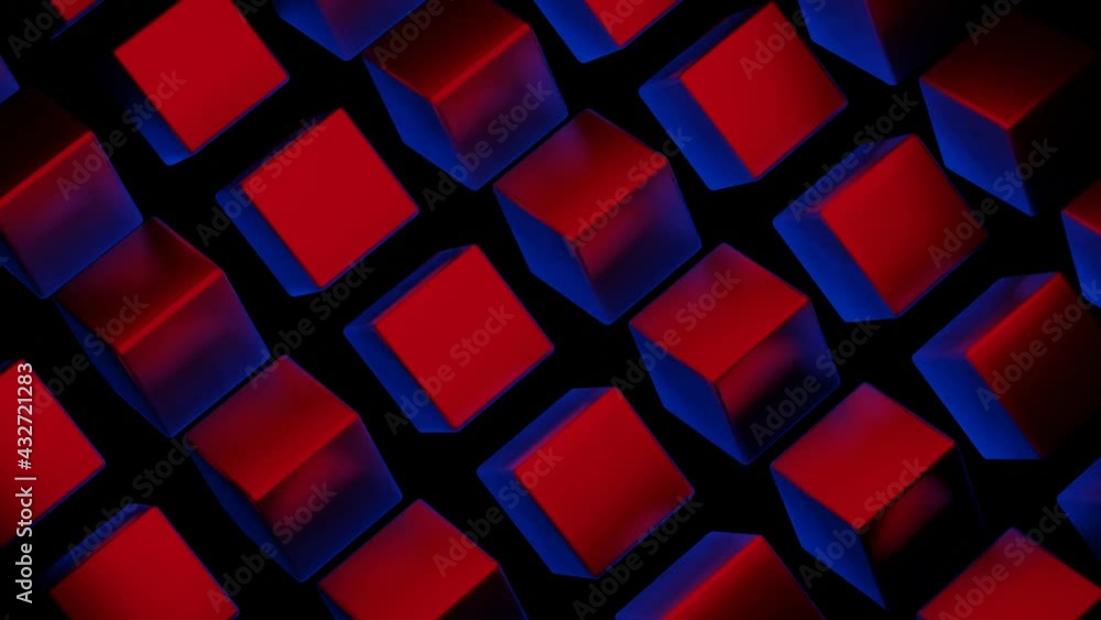 rotating three-dimensional cubes with red-blue color. animated looped dark background. 3d render rotating three-dimensional cubes with red-blue color. animated looped dark background. 3d render