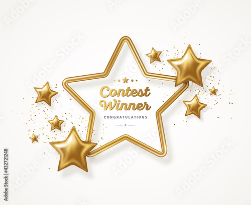Greeting Card with Shining Gold Star Frame and Confetti on White Background. Vector illustration. Happy New Year 2022, Merry Christmas. Winner Certificate Emblem Template, Trophy icon badge