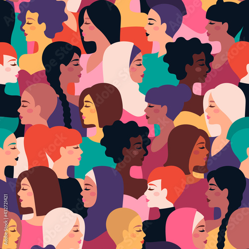 Different nationality, ethnicity and hairstyle girls seamless pattern. Vector illustration. International Womens Day, Happy Mother's day colorful background. Cute ladies faces, female characters