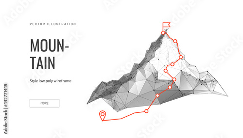 Path to the top of the mountain success concept in digital futuristic style on blue background. Vector illustration of the concept of step-by-step achievement of goals