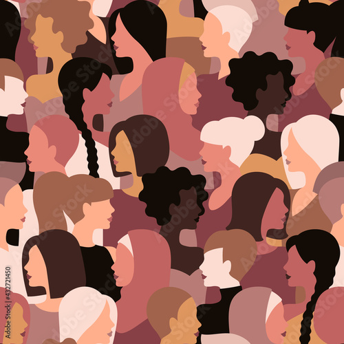 Different nationality, ethnicity and hairstyle girls seamless pattern. Vector illustration. International Womens Day, Happy Mother's day trendy background. Cute ladies faces, pastel brown colors