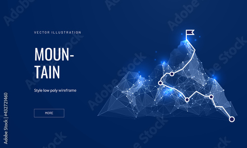 Path to the top of the mountain success concept in digital futuristic style on blue background. Vector illustration of the concept of step-by-step achievement of goals
