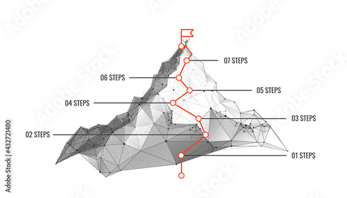 Infographics with mountain concept of the way to the goal in digital futuristic style on white background. Vector concept illustration of the way up the mountain