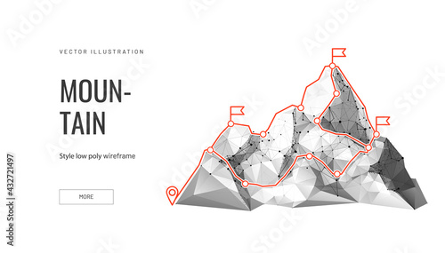 Mountain with red path concept of success in digital futuristic style on white background. Vector illustration of the concept of achieving intermediate stages to the main goal.