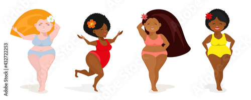 Multi-races women plus sizes in different positions in bikinis. Body positive concept. Attractive overweight girls. For the movement of fat intake. All elements are isolated.