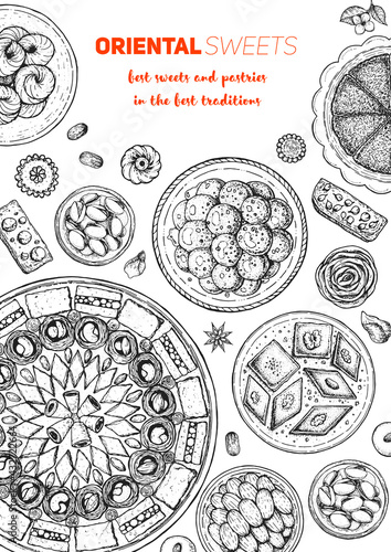Oriental sweets vector illustration. Middle eastern food, hand drawn sketch. Linear graphic. Food menu background.