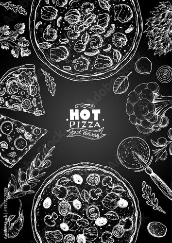 Italian pizza and ingredients top view . Italian food menu design template. Vintage hand drawn vector illustration. Engraved style illustration. Pizza label for menu.