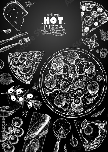 Italian pizza and ingredients top view frame. Italian food menu design template. Vintage hand drawn sketch, vector illustration. Engraved style illustration. Pizza label for menu.