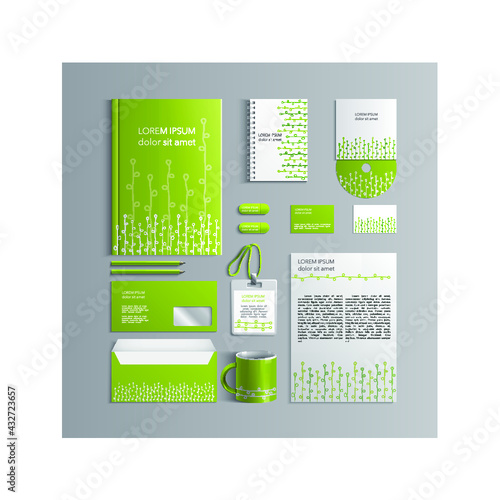Green corporate identity template with floral elements. Vector company style for brandbook and guideline. EPS 10