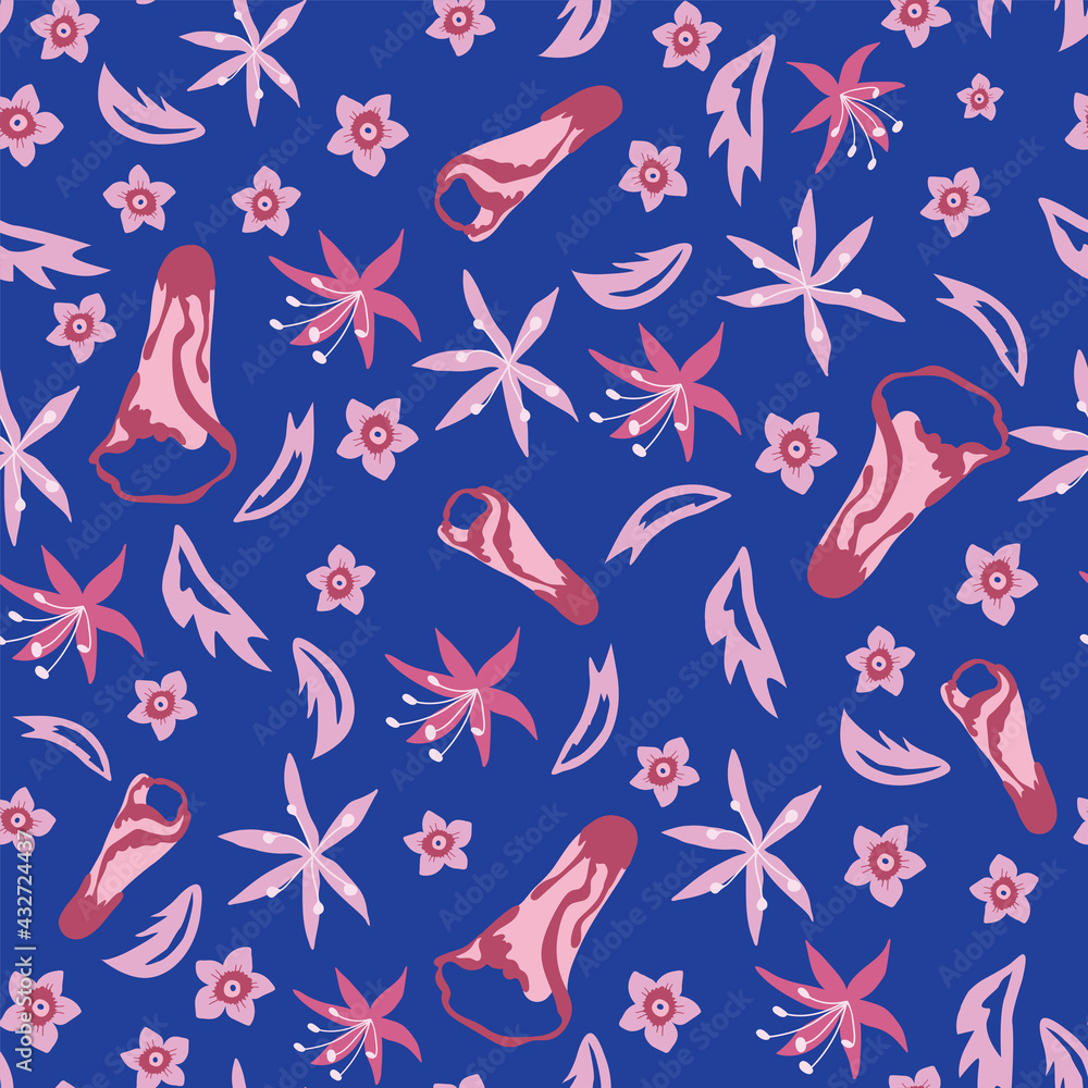 Seamless pattern with pink flowers on the dark blue background. 