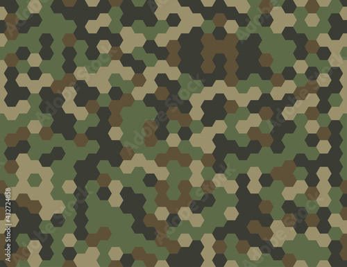 Seamless modern army camouflage hexagon pixel texture. Abstract vector futuristic camo hex background. Geometric tech pattern wrapping paper design illustration