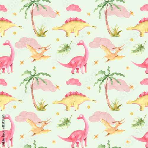 Hand painted watercolor dinosaurs seamless pattern with palm tree, on a green background. Dino background for children