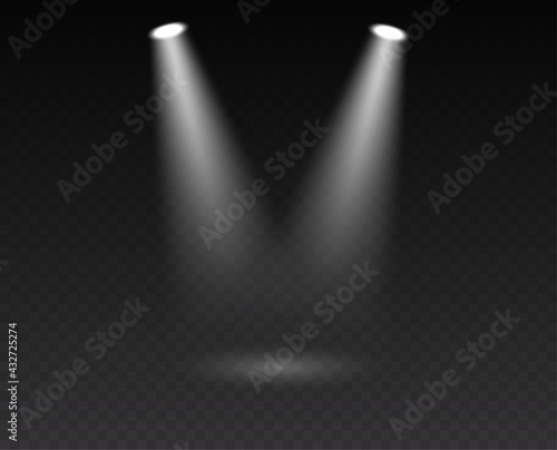 Stage spotlight: two realistic beam of light projector illumination for scene, presentation or event