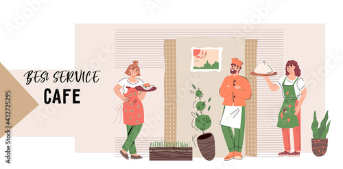 Web site banner or landing page template with restaurant staff - waitresses and cook characters. Webpage for restaurant or cafe, flat cartoon vector illustration.