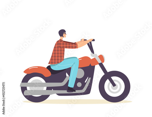Street Racer Hobby or Lifestyle, Urban Culture Concept. Brutal Biker Male Character Riding Custom Motorcycle or Chopper