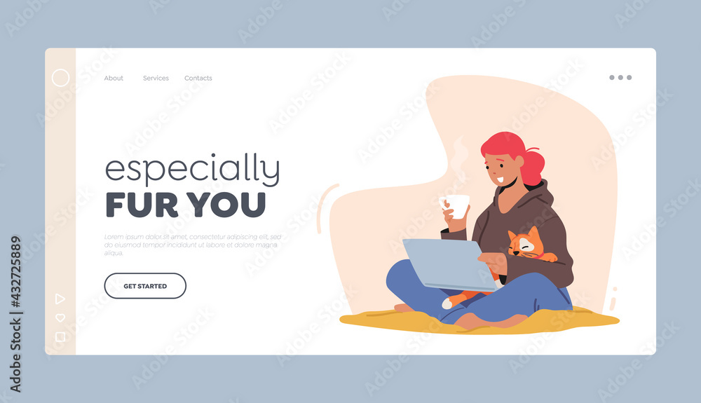Girl and Cat Landing Page Template. Woman Sitting on Floor Work on Laptop with Cat Sleep on her Hands. Female with Pet